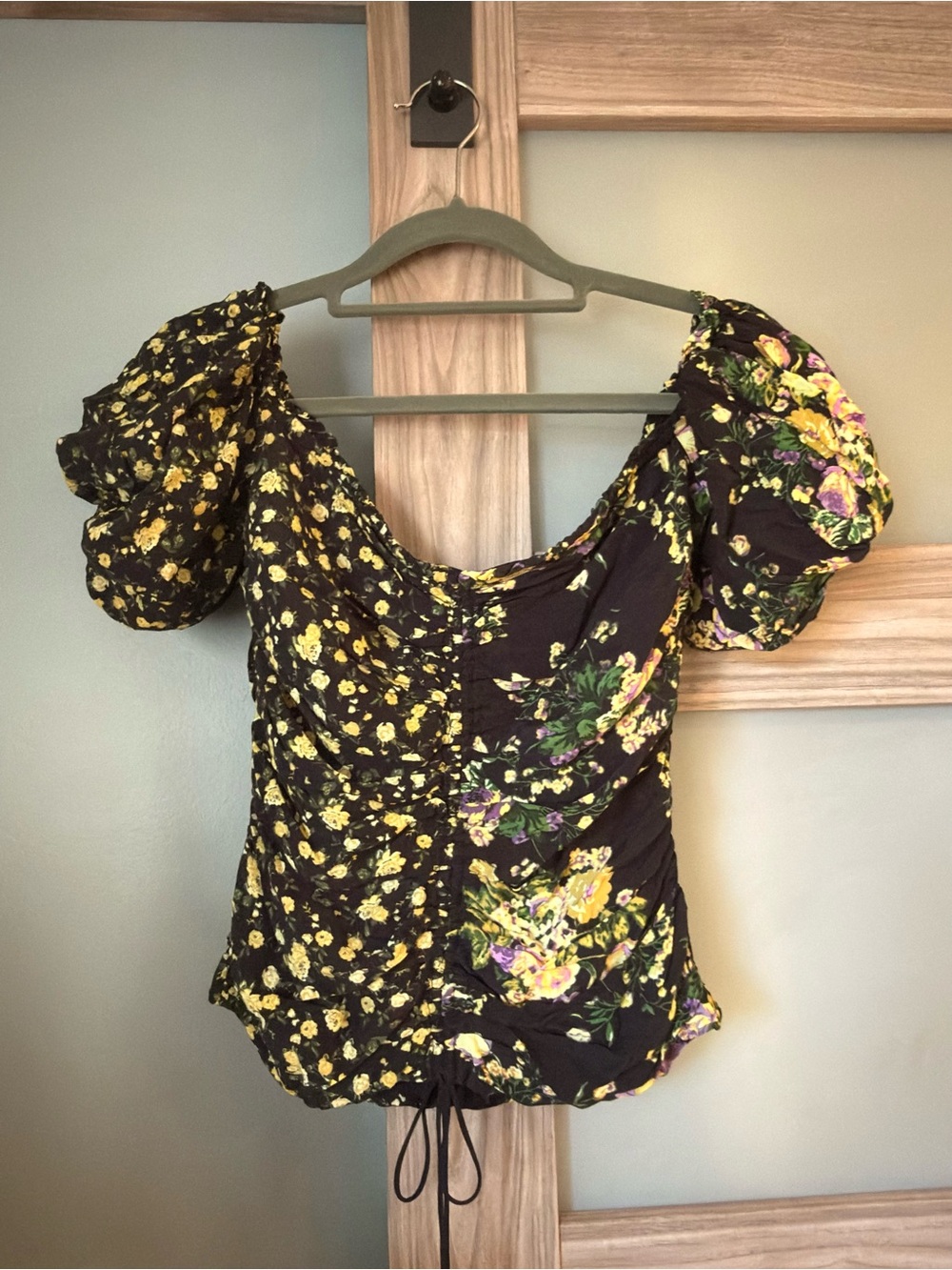 For Love & Lemons Black Floral Puff-Sleeve Ruched Top with Yellow Accents